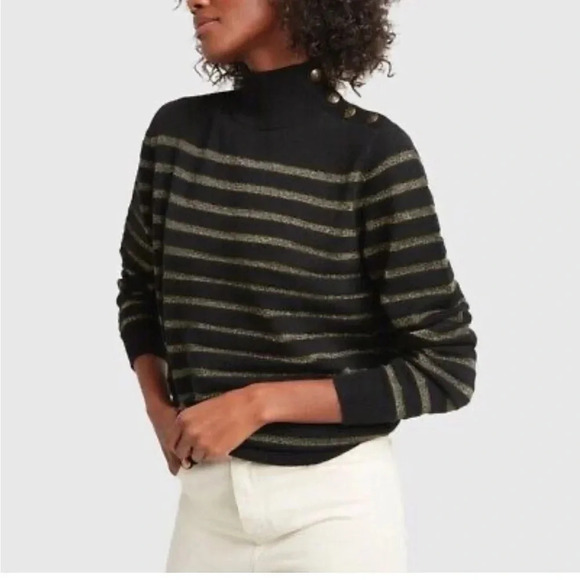 Nili Lotan Spruce Sweater Cashmere and Wool Blend Stripe Button Turtleneck - Picture 1 of 8